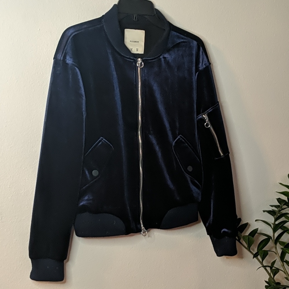 Pull + Bear Blue Velvet Bomber